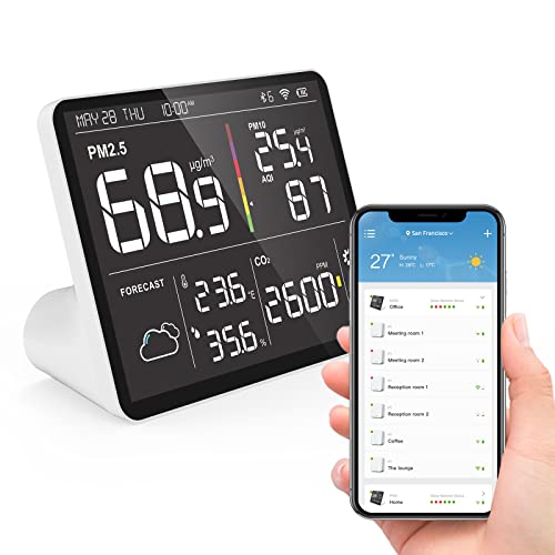 Monitor de qualidade do ar TEMTOP PM2.5 Detector de CO2, 8 em 1 Estação meteorológica de qualidade de ar inteligente com PM2.5 PM10 Previsão do Sensor de umidade de temperatura de temperatura para casa